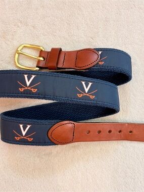 University of Virginia Navy Ribbon Web Belt Brown Leather Trim Brass Buckle 34